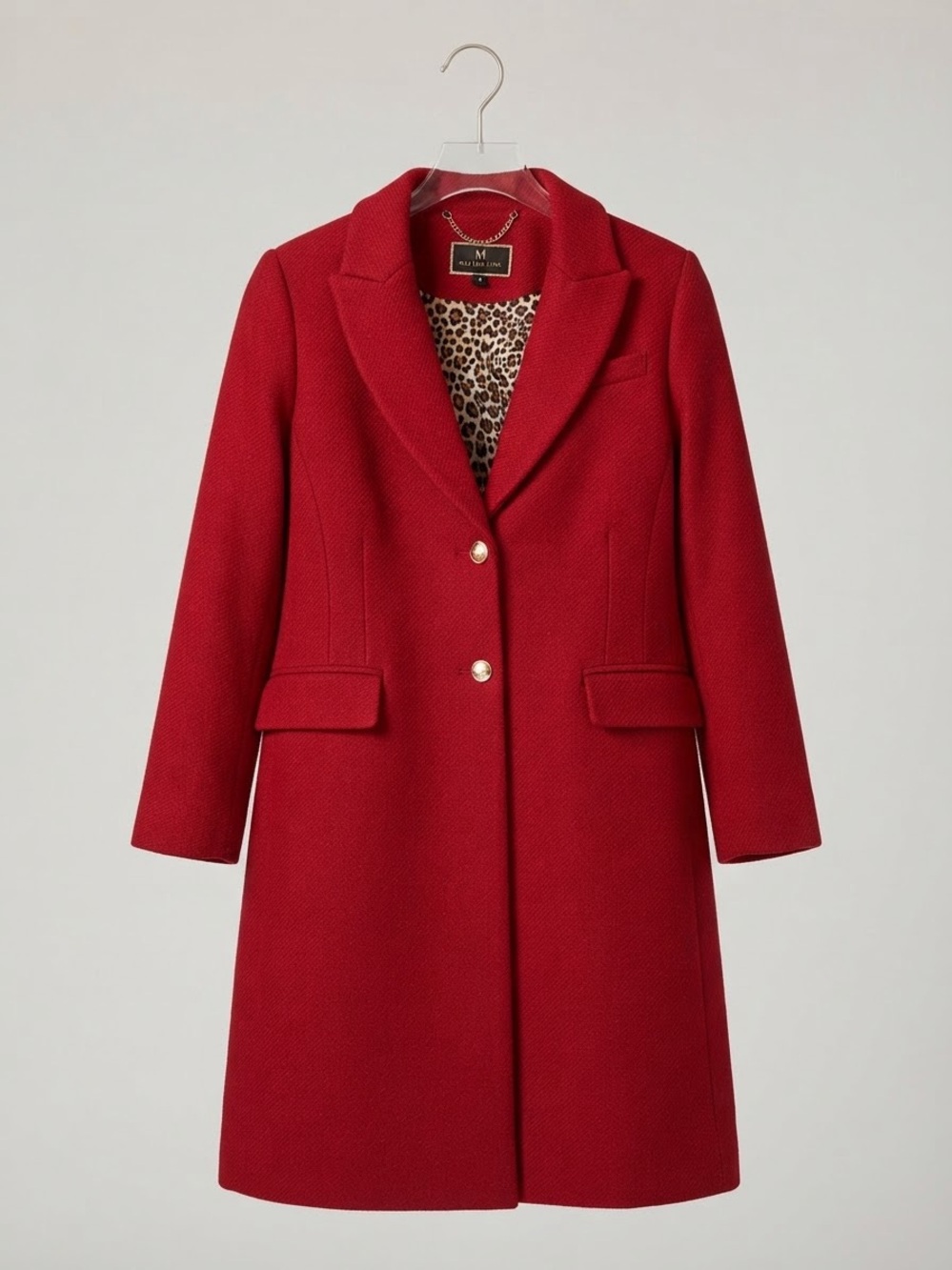 Melanie Lyne Red Wool Blend Trench Coat Gold Crest Buttons Leopard Lining 12